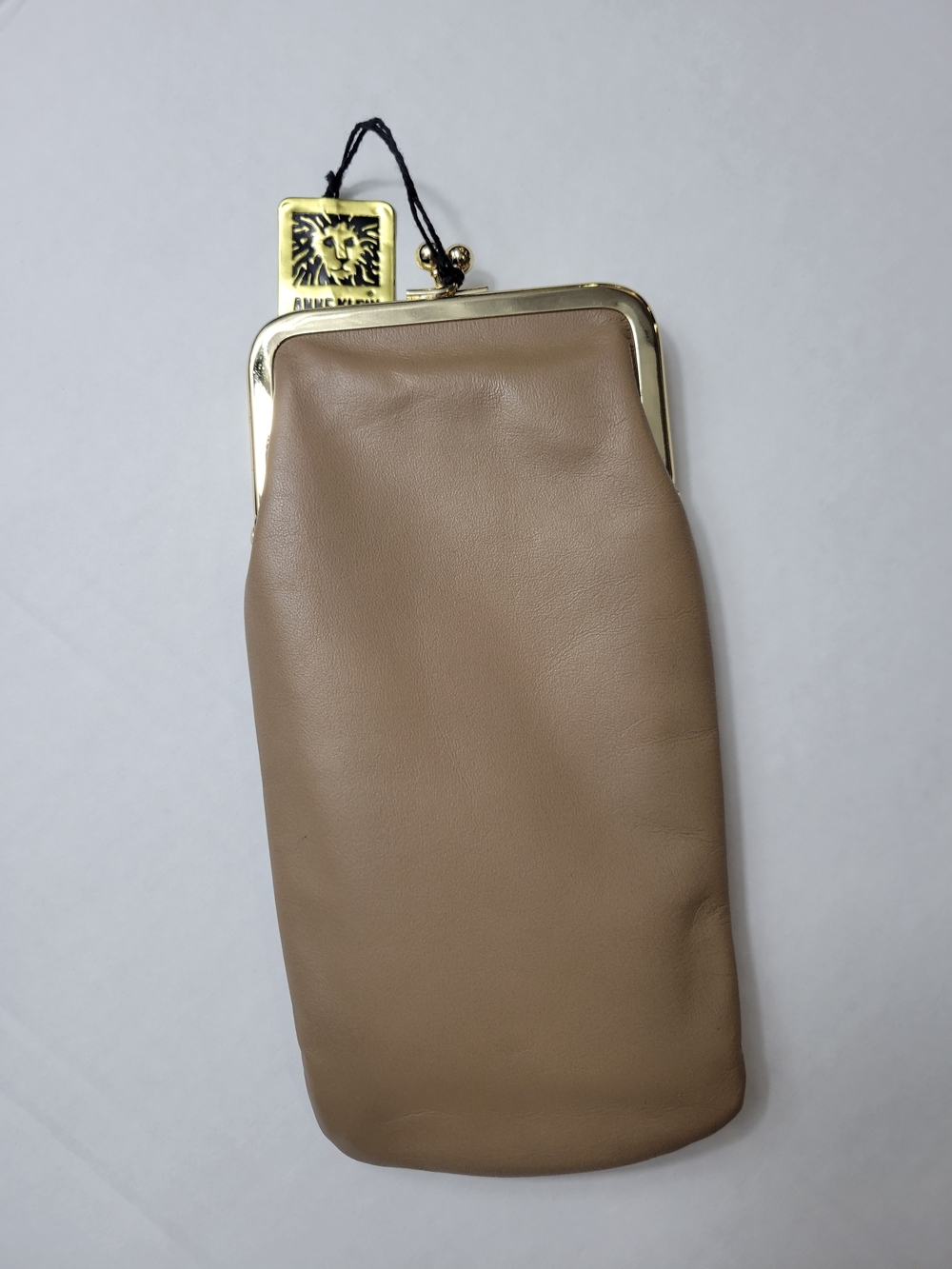 Anne Klein Taupe Leather Kiss-Lock Eyeglass Clutch with Gold Hardware